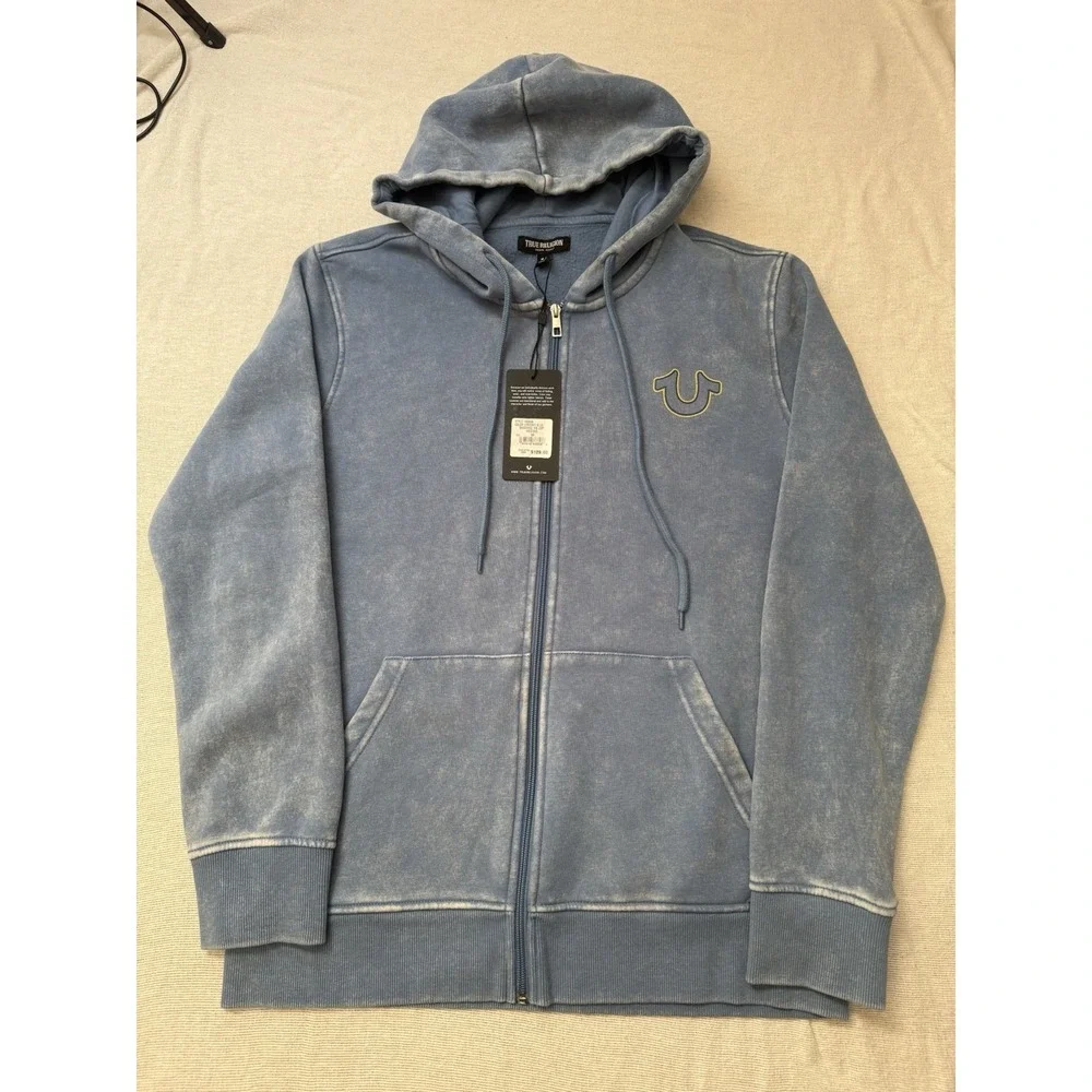 True Religion Hoodie Mens Medium Blue Washed Zip Sweatshirt Buddha Graphic